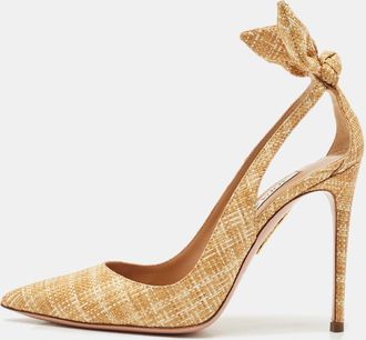 Aquazzura Beige Woven Raffia Bow Tie Pumps