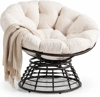 STILVORA Poltrona Papasan Girevole 360&deg; Design Ergonomico Con Cuscino Imbottito, Acciaio E Rattan Pe Bianco 92 &times; 67 Cm