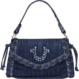 True Religion Studded Horseshoe Eyelet Denim Flap Bag in Dark Denim at Nordstrom