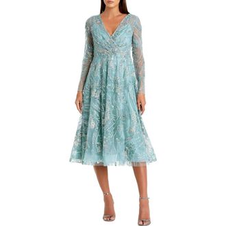 Mac Duggal Womens Floral Embroidered V Neck Long Sleeve Midi Dress in Seafoam at Nordstrom, Size 16