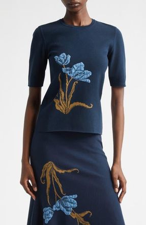 Erdem Short Sleeve Jacquard Sweater in Navy at Nordstrom, Size X-Small