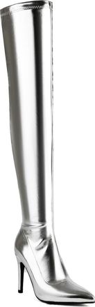 Generic Womens Stiletto High Heel Over The Knee Boots PU Leather Thigh High Boots with Side Zipper Pointed Toe Evening Party Prom Shoes,Silver,4.5 UK