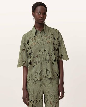 AllSaints Polyester Charli Relaxed Fit Embroidered Shirt, Size: UK 14/US 10