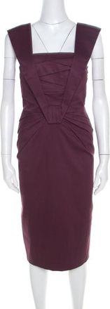 Escada Purple Cotton Stretch Pleated Bodice Detail Sleeveless Pencil Dress