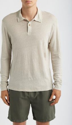 Alex Crane Linen Long Sleeve Polo in Bone at Nordstrom, Size Small