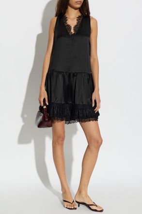 Ganni Satin Dress With Lace Inserts, Womens, Black