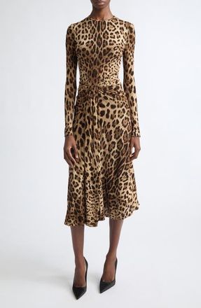 Dolce & Gabbana Leopard Print Long Sleeve Midi Dress in Leo New at Nordstrom, Size 38