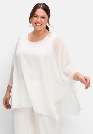 Sheego Longbluse SHEEGO, Damen, Gr. 44, weiss (sanftes wei&szlig;), 100% Polyester, unifarben, Rundhals, Blusen Longbluse