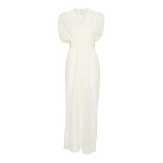 120% Lino V-neck Jurk - Dames - Maxi kleedjes - Wit - L - Katoen - Kleedjes