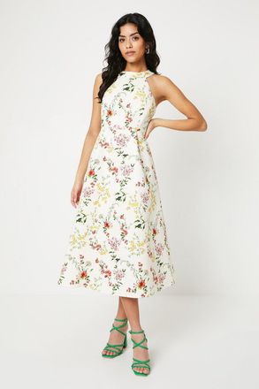 Oasis Womens Petite Floral Ottoman Twill Halter Midi Dress - Ivory - Size 14 UK