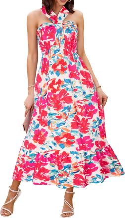 Grace Karin A-Line High Waist Halterneck Maxi Summer Dresses for Women UK Floral Boho Beach Dress Long cl1860-3 XL