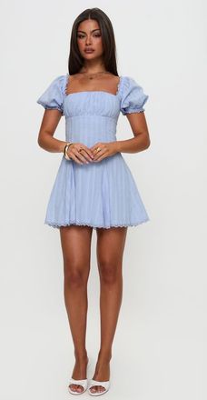 Princess Polly Rabatia - Vestito corto azzurro con corpino aderente con maniche a sbuffo e gonna svasata con finiture in pizzo-Blu