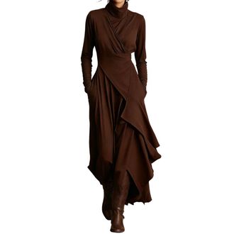 Generic Womens Elegant High-Neck Asymmetrical Maxi Dress,Solid Color High Neck Fitted Irregular Cross Hem Dress (Brown,XXL)