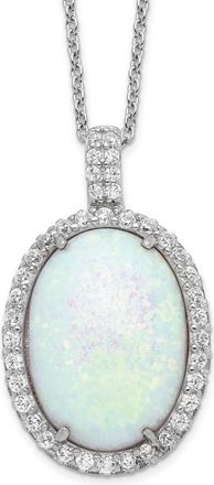 Diamond2Deal Sterling Silver Cabochon Lab Created Opal and Cubic Zirconia Oval Halo Necklace 18