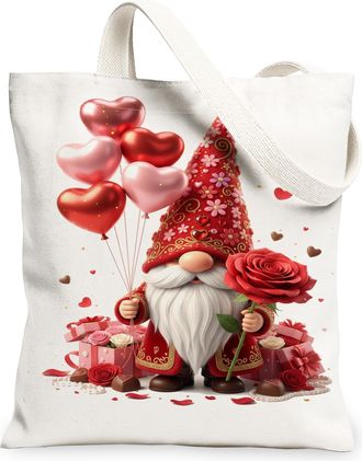 Generic ValentineS Day Gnome Canvas Tote Bags, Heart Balloon Floral Pattern Reusable Grocery Bags, Lightweight Washable Shoulder S, White, 13x15 Inch