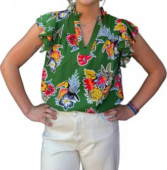 Jade Yoga Toucan Para Ruffles Sleeve Top In Green
