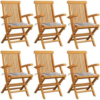 vidaXL Vidaxl - Sillas De Jard&iacute;n 6 Uds Madera Teca Con Cojines A Cuadros Grises