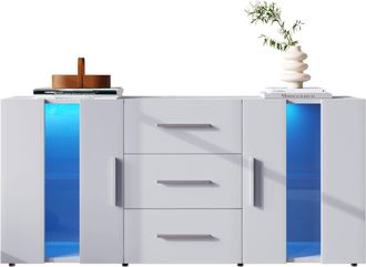 STILVORA Mueble Tv Con 2 Puertas, 3 Cajones Y Led, Estantes Desmontables, Para Sal&oacute;n En Mdf, Blanco, 140 &times; 35 &times; 70 Cm
