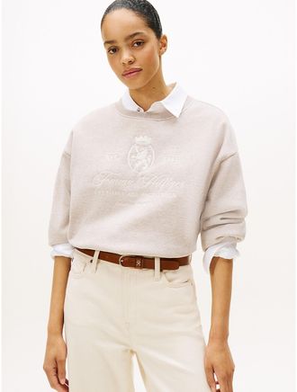 Tommy Hilfiger Womens Embroidered Script Crest Logo Sweatshirt - Beige - XS