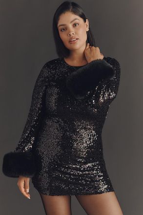 Hutch Long-Sleeve Faux Fur Trim Sequin Mini Dress