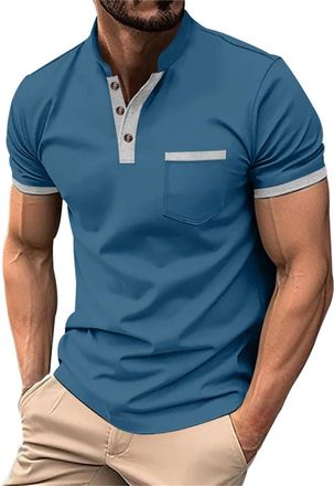 Generic Big and Tall T Shirts for Men UK Summer Short Sleeve Solid Color Stylish Round Neck Henley Shirt with Pocket Button down Casual Shirts Breathable Ligh