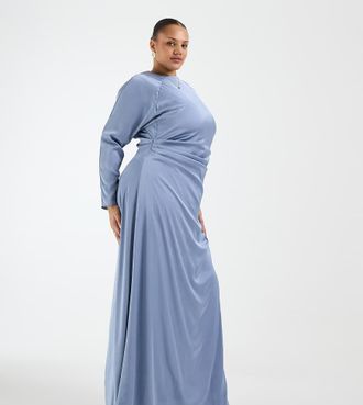 Tfnc Plus Vestito lungo da cerimonia a maniche lunghe in raso blu polvere