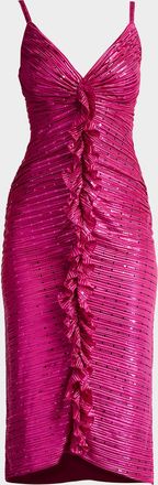 Tadashi Shoji Ruched Ruffle Metallic Midi Dress