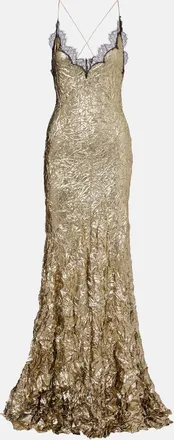 Roberto Cavalli Abito lungo in misto seta con pizzo