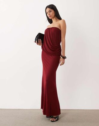 Asos vestito maxi a fascia in rete drappeggiato color vino-Rosso
