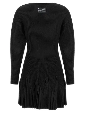 Elisabetta Franchi Ribbed Knit Pleated Dress - Black