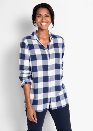 Bonprix Flanellhemd BONPRIX Flanellhemd, Damen, Gr. 50, N-Gr, blau (mitternachtsblau kariert), Flanell, Obermaterial: 100% Baumwolle, kariert, figurbetont nor