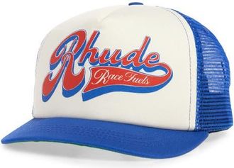 Rhude Pit Stop Twill Trucker Hat in White /Blue /Red at Nordstrom