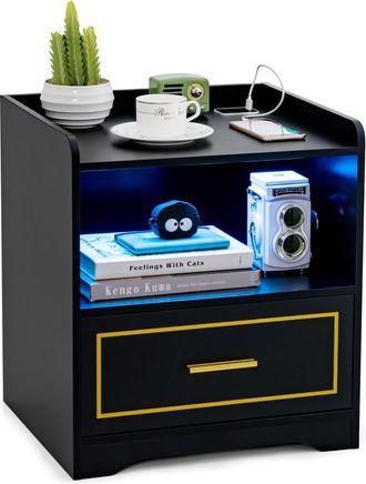 Costway Costway - Mesa De Noche Led, Mesita De Noche Inteligente Con 1 Puerto Usb Y 1 Type C, Estante Y Caj&oacute;n, 3 Colores De Luz, Iluminaci&oacute;n Ajustable, Inducc