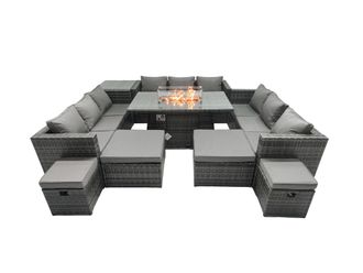 Fimous Rattan Garden Furniture Firepit Dining Set 13 Seater Lounge Sofa Firepit Dining Table Set with 4 Footstools Side Tables in Dark Grey