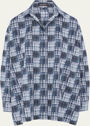 Eskandar A-Line Patchwork Plaid Cotton Shirt