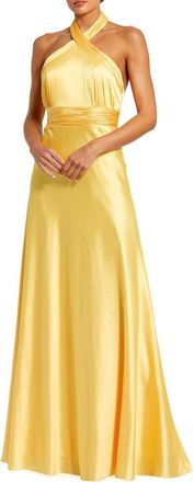 Mac Duggal Ruched Halter Neck Tie Back Satin Gown in Lemon at Nordstrom, Size 12