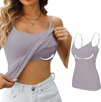 Generic HUIFUAO Camisole Tops for Women Built in Bra White Cotton Tank Top for Women Summer Basic Vest Cami Tank Tops with Built in Bra (Z05 Dark Gray, XXL) W