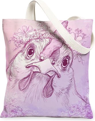Generic Floral Chicken Canvas Tote Bags, Vintage Animal Pattern Reusable Grocery Bags, Lightweight Washable Shoulder Strap Canvas F, Peach, 13x15 Inch