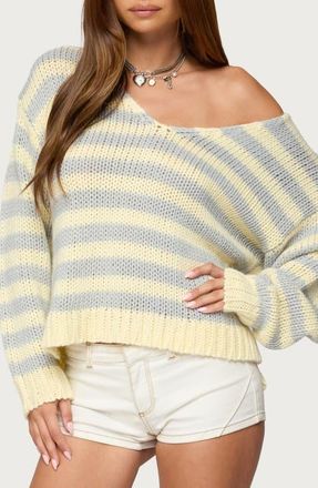 Edikted Eugenie Stripe Oversize Off the Shoulder Sweater in Yellow at Nordstrom, Size X-Small