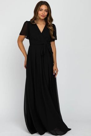 Pinkblush Chiffon Short Sleeve Maxi Dress in Black at Nordstrom, Size Medium