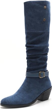 Generic Womens Slouchy Pointed Toe Faux Suede Knee High Boots Buckle Strap Chunky Heel Boots Multi Color Stylish Comfortable For Fashion Party Daily,Blue,6.5 