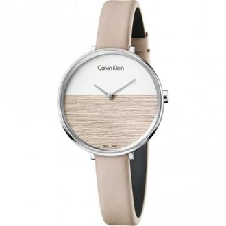 Calvin Klein Elegant Quartz Horloge met Witte en Beige Wijzerplaat - Dames - Horloges - Beige - ONE Size - Leer - Accessoires