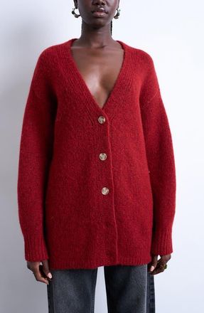 Topshop Easy V-Neck Longline Cardigan in Red at Nordstrom, Size Small