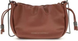 Brunello Cucinelli Calf Leather with Drawstring Shoulder Bag Brown
