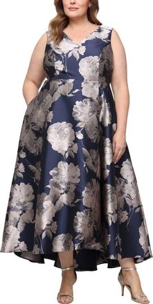 S.L. Fashions Floral Sleeveless Jacquard Gown in Navy/Taupe at Nordstrom, Size 14W