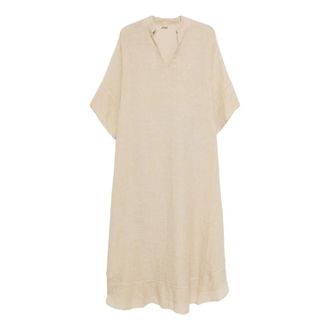 120% Lino 120% Lino, Midi Dresses, female, Beige, Size: M V-neck Kaftan Dress