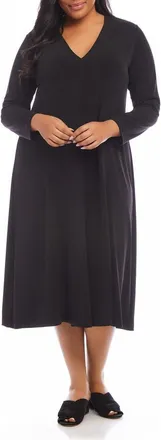 Karen Kane Kate Long Sleeve Travel Jersey Midi Dress in Black at Nordstrom, Size 3X