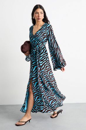 Warehouse Womens Burnout Velvet Plunge Neck Flared Sleeve Belted Maxi Dress - Blue - Size 10 UK