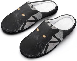 Generic Black Cat Pentagram Mens Slippers Memory Foam Winter Warm Sandals Slip On House Shoes Size 7-14