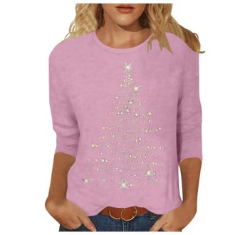 Generic Christmas Jumpers for Women UK 3/4 Sleeve Crew Neck Tunic Shirts Glitter Christmas Tree Print Ladies Jumper Pullover Blouse Casual Funny Tunic Plus Si